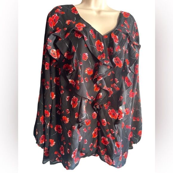 NY Collection Holiday Black Red Floral 1X Long elastic sleeve Poppy Pullover - Picture 2 of 5